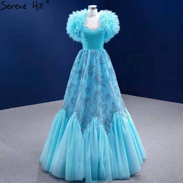 Serene Hill Water Blue Luxury Evening Dresses Gowns 2025 A-Line Beaded High-end For Women Wedding Party HM67419