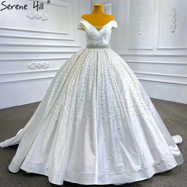 Serene Hill White Beaded Crystal Wedding Dresses 2025 Satin Luxury Sweetheart Bride Gowns HM67422 Custom Made
