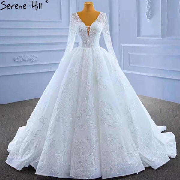Serene Hill White Beaded Lace Wedding Dresses 2025 V-neck Lace Up Sexy Bride Gowns HM67364 Custom Made