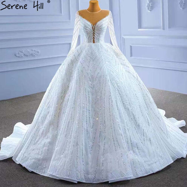 Serene Hill White Beaded Luxury Wedding Dresses 2025 Long Sleeves Lace Up Bride Gowns HM67382 Custom Made