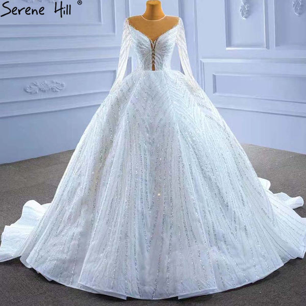 Serene Hill White Beaded Luxury Wedding Dresses 2023 Long Sleeves Lace Up Bride Gowns HM67382 Custom Made