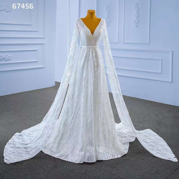 Serene Hill White Cape Sleeves Luxury Lace Beaded V Neck Lace Up Bride Gowns Wedding Dress 2025 High End Custom Made HM67456