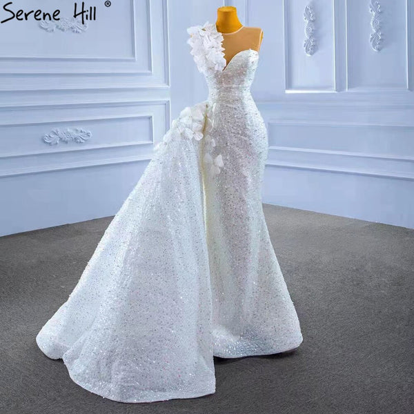 Serene Hill White Detachable Train Wedding Dresses Gowns 2025 Mermaid Luxury Beaded Pearls Elegant Bridal Dress HM67409