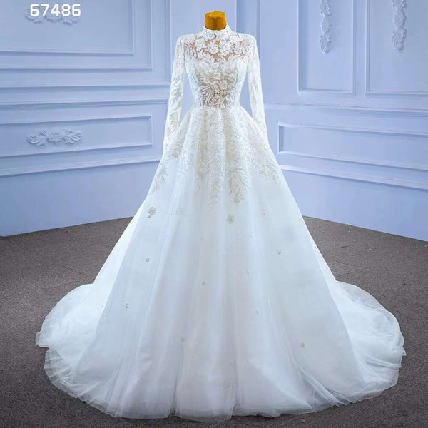 Serene Hill White High End Luxury Lace Beaded High Neck Long Sleeves Lace Up Bride Gowns Wedding Dress 2025 Custom Made HM67486