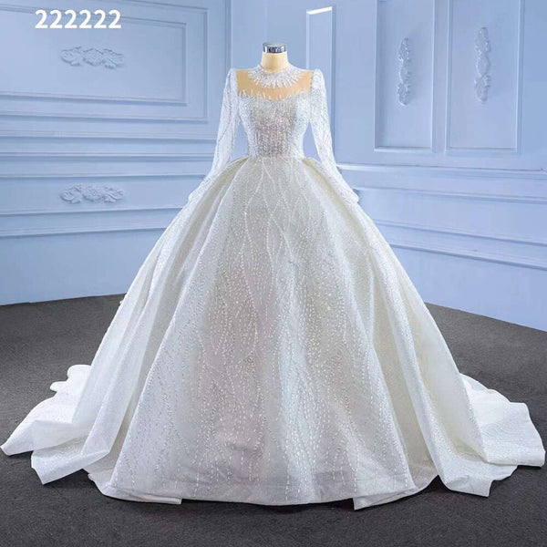 Serene Hill White High End Luxury Lace Beaded Long Sleeves O Neck Bride Gowns Wedding Dress 2025 Custom Made HM222222