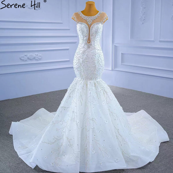 Serene Hill White Luxury Elegant Mermaid Wedding Dresses 2025 Beaded Diamond Cap Sleeves Bride Gowns HM67296 Custom Made