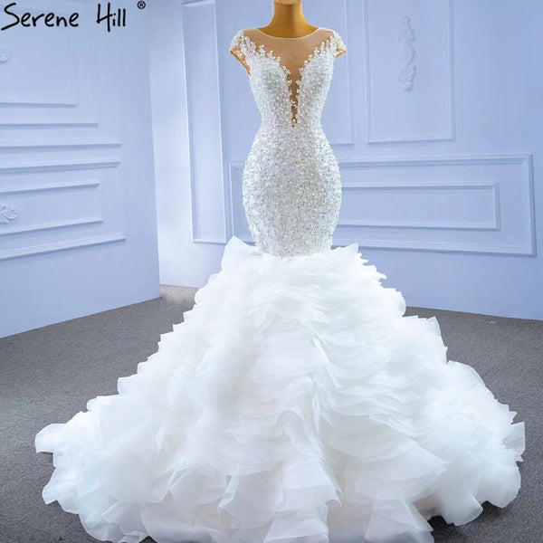 Serene Hill White Luxury Mermaid Wedding Dresses Gowns 2025 Elegant Beaded Ruffles Bridal Dress HM67291