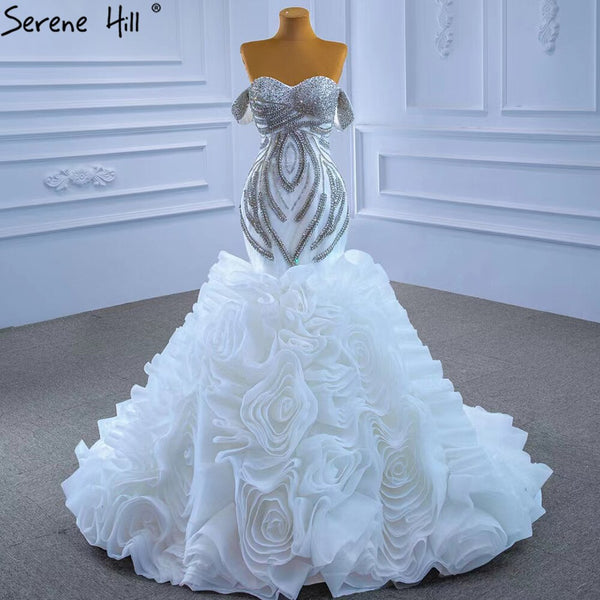 Serene Hill White Luxury Ruffles Beaded Wedding Dresses 2025 Mermaid Elegant High-end Bride Gowns HM67365 Custom Made