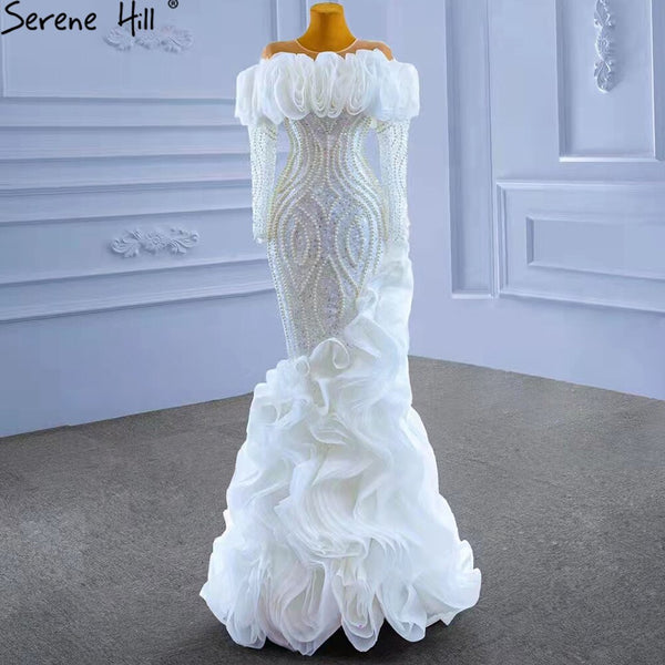 Serene Hill White Luxury Ruffles Wedding Dresses Gowns 2025 Mermaid Beaded Pearls Elegant Bridal Dress HM67418