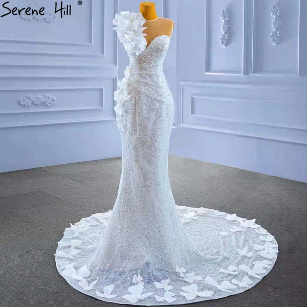 Serene Hill White Mermaid Elegant Wedding Dresses Gowns 2023 Flowers Beaded Luxury Bridal Dress HM67424