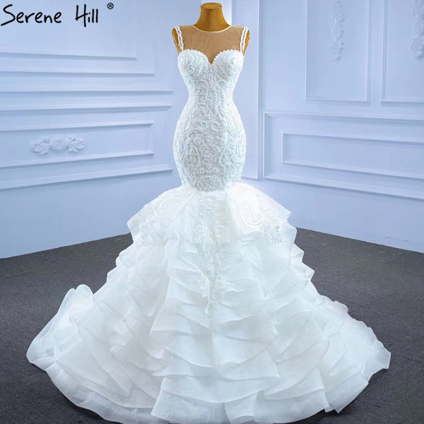 Serene Hill White Mermaid Luxury Wedding Dresses 2025 Beaded Tiered Sexy Elegant Bride Gowns HM62755 Custom Made