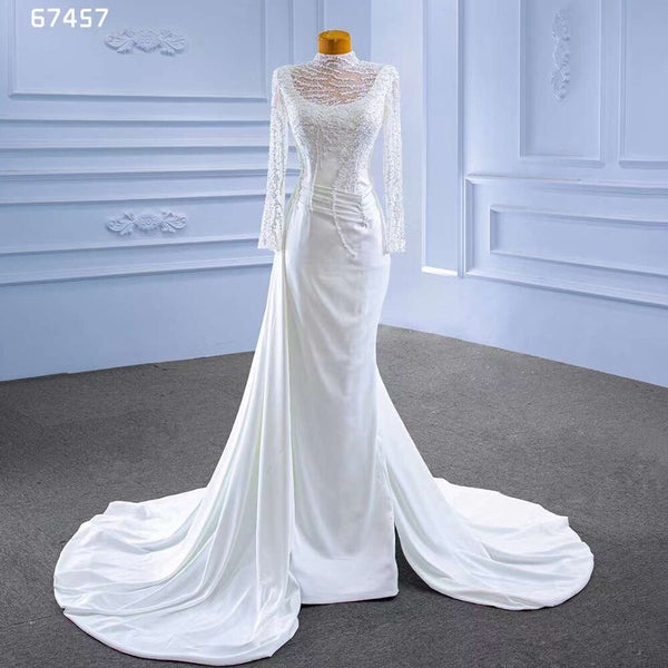 Serene Hill White Mermaid Satin Long Sleeves Lace Beaded Lace Up Bride Gowns Wedding Dress 2025 High End Custom Made HM67457