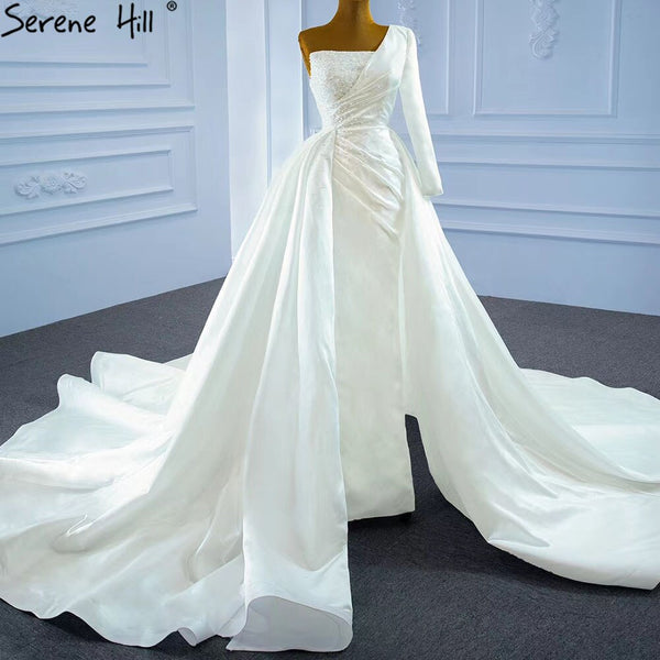 Serene Hill White Mermaid Satin Wedding Dresses 2025 Beaded Pearls Overskirt Sexy Bridal Dress HM67244 Custom Made