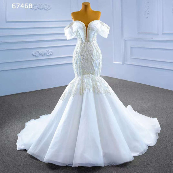 Serene Hill White Mermaid Sexy Off Shoulder Pearls Beaded Lace Up Bride Gowns Wedding Dress 2025  High End Custom Made HM67468
