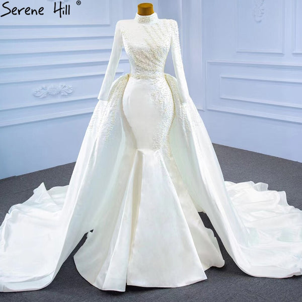 Serene Hill White Muslim Detachable Train Wedding Dresses 2025 Mermaid Elegant Beading Satin Bridal Dress HM67248 Custom Made