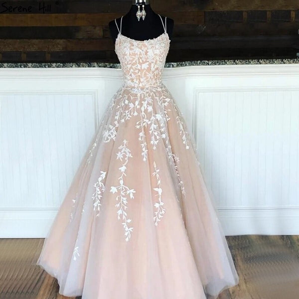 Serene Hill White Nude A-Line Prom Dresses 2025 Crystal Lace Flower Spaghetti Strap Graduation School Party Gown LA70506