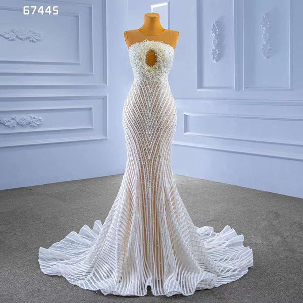 Serene Hill White Nude Elegant Mermaid High End Custom Made Pearls Luxury Beaded Lace Up Bride Gowns Wedding Dress 2025 HM67445