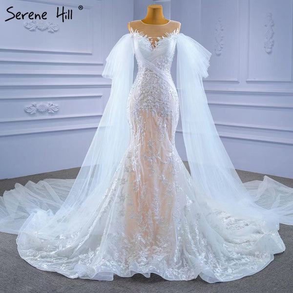 Serene Hill White Nude Mermaid Wedding Dresses 2025 Beaded Lace Elegant Cape Sleeves Bride Gowns HM67294 Custom Made