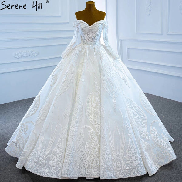 Serene Hill White Off Shoulder Sexy Wedding Dresses Gowns Luxury Beading Pearls Lace Up Bridal Dress 2025 HM67206 Custom Made