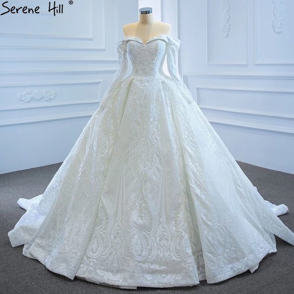 Serene Hill White Off Shoulder Sparkle Wedding Dresses Gowns Luxury Long Sleeves Lace Up Bridal Dress 2025 HM67222
