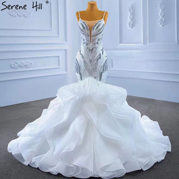 Serene Hill White Ruffles Beaded Luxury Wedding Dresses Gowns 2025 Spaghetti Straps Mermaid Elegant Bridal Dress HM67386