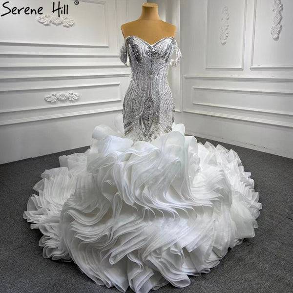 Serene Hill White Ruffles Beaded Wedding Dresses 2025 Mermaid Luxury Elegant Bride Gowns HM67283 Custom Made