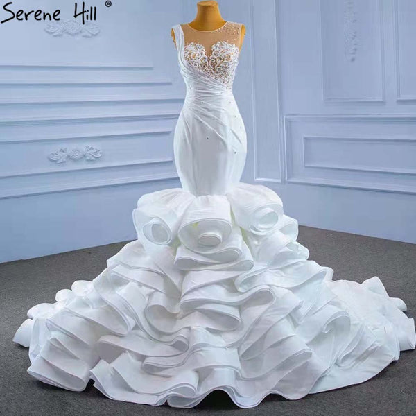 Serene Hill White Ruffles Beaded Wedding Dresses 2025 Sleeveless Luxury High-end Bride Gowns HM67413 Custom Made