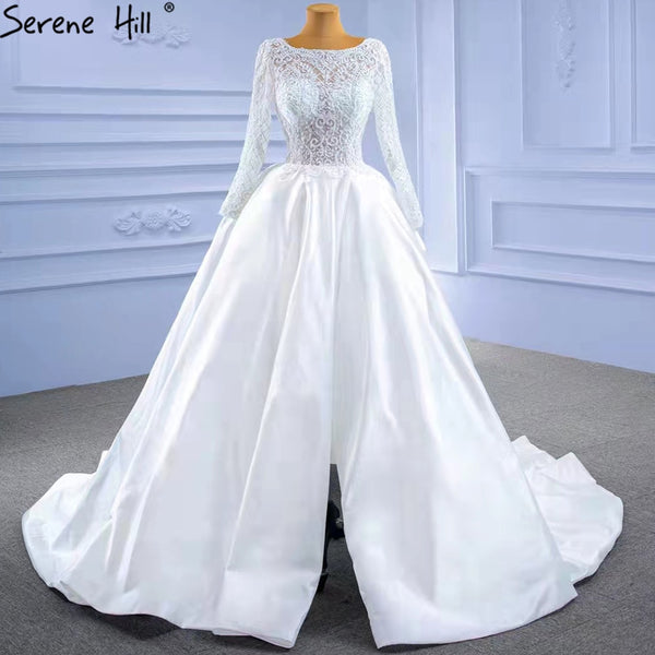Serene Hill White Satin High Split Wedding Dresses 2025 A-Line Lace Beaded Bride Gowns HM67292 Custom Made