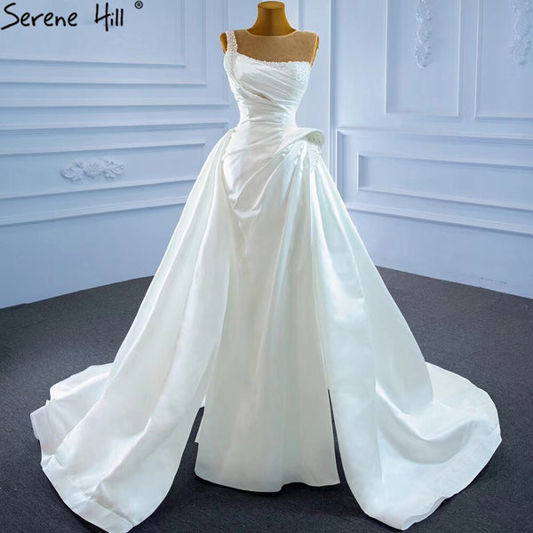 Serene Hill White Satin High Split Wedding Dresses 2025 Beading Pearls Sexy With Train Bridal Dress HM67252 Custom Made