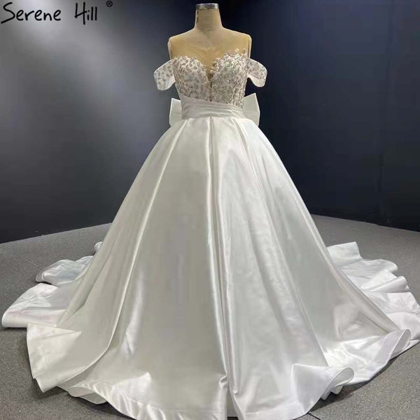 Serene Hill White Satin Lace Up Wedding Dresses 2025 Beaded Bow High-end Bride Gowns HM67412 Custom Made