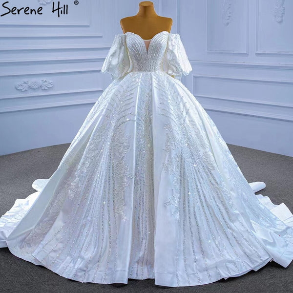 Serene Hill White Satin Luxury Wedding Dresses 2025 Beaded Lantern Sleeve Bride Gowns HM67326 Custom Made