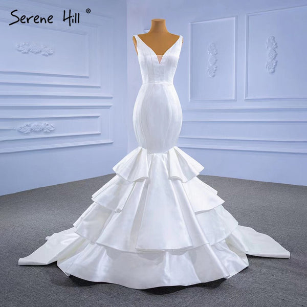 Serene Hill White Satin Mermaid Wedding Dresses 2025 Tiered Elegant Simple Sexy Bride Gowns HM67312 Custom Made