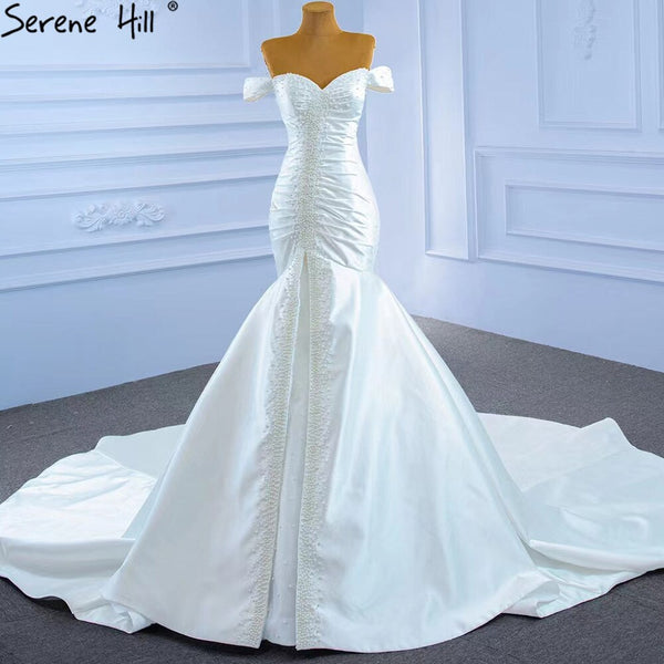 Serene Hill White Satin Mermaid Wedding Dresses Gowns Elegant Pearls Beaded Sexy Bridal Dress 2025 HM67285