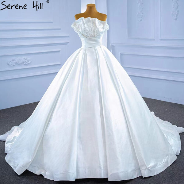 Serene Hill White Satin Sexy Wedding Dresses 2025 High-end Beaded Pearls Bridal Dress HM67267 Cusotm Made