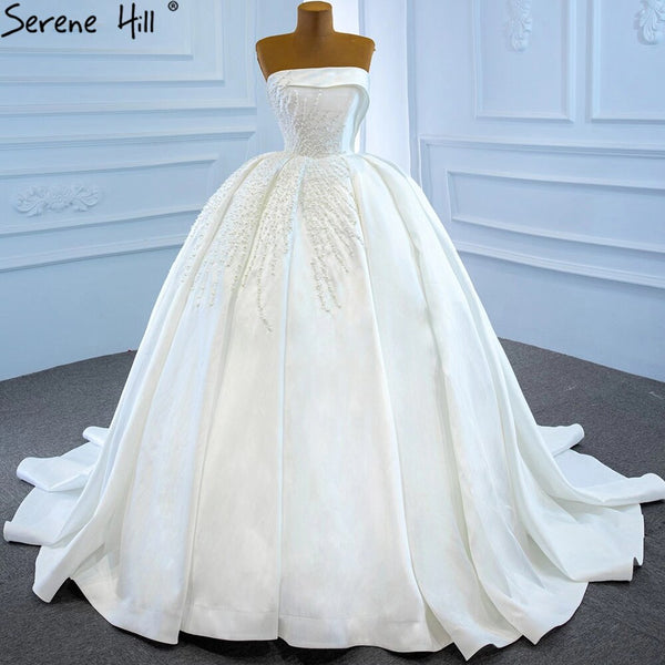 Serene Hill White Satin Wedding Dresses Gowns Luxury Beading Pearls Sexy Bridal Dress 2025 HM67214 Custom Made