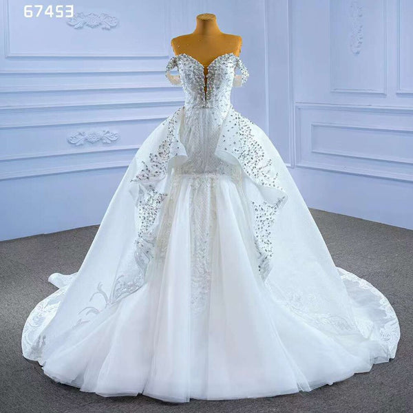 Serene Hill White Sexy V Neck Detachable Train Mermaid Lace Beaded Bride Gowns Wedding Dress 2025 High End Custom Made HM67453