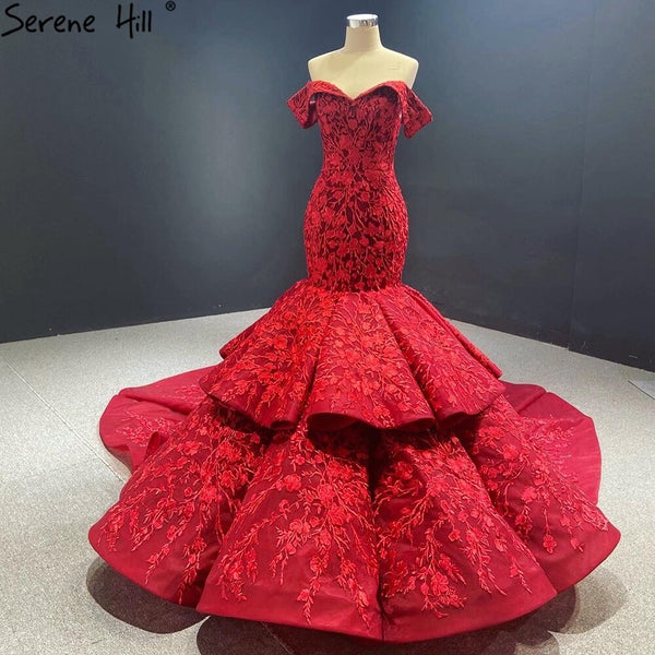 Serene Hill Wine Red Handmade Flowers Mermaid Wedding Dresses 2025 Off Shoulder Elegant Bride Gowns HA2462 Custom Made