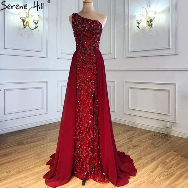 Serene Hill Wine Red Luxury Mermaid Evening Dresse Gowns 2025 Elegant Beaded Detachable Skirt For Women Party LA70829A