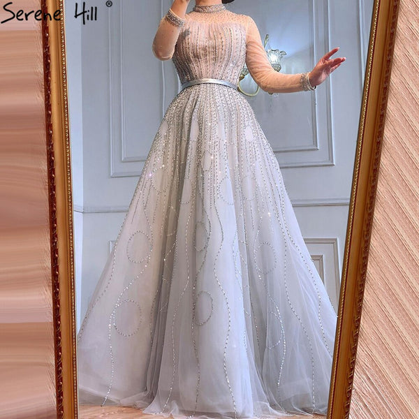 Serene Hill Ｍuslim Grey A-Line Luxury Evening Dresses Gowns 2025 Long Sleeves Beading For Woman Wedding Party LA71014