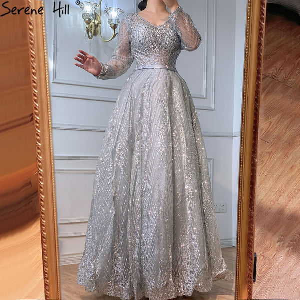 Serene Hill Ｍuslim Luxury Grey Evening Dresses Gowns 2025 A-Line Beading Long Sleeves For Woman Wedding Party LA70819