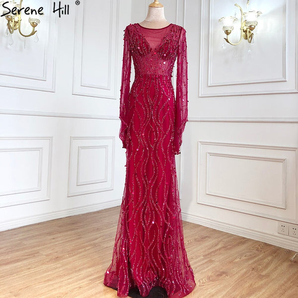 Serene Hill Ｍuslim Wine Red Luxury Evening Dresses Gowns 2025 Mermaid Beaded Elegant For Woman Wedding Party LA71144