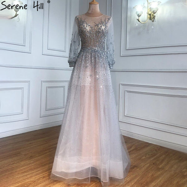 Silver Luxury Long Sleeves Dubai Evening Dresses 2025 A-Line Sequins Beading Sexy Formal Dress Serene Hill LA70418