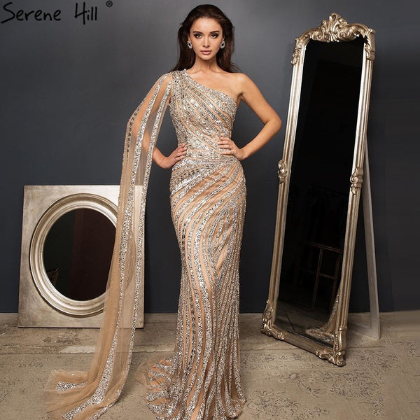 Silver Nude Mermaid Luxury Evening Dresses Gowns 2025 Elegant One Shoulder Beaded For Women Party Night LA71413 Serene Hill