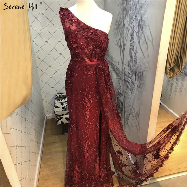 Wine Red Handmade Flowers Pearls Evening Dresses One-Shoulder Sexy Luxury Evening Gowns 2025 Serene Hill LA60901