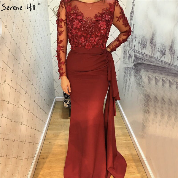 Wine Red O-Neck Satin Mermaid Prom Dresses 2025 Beading Handmade Flowers Long Sleeves Prom Gowns Serene Hill LA70244