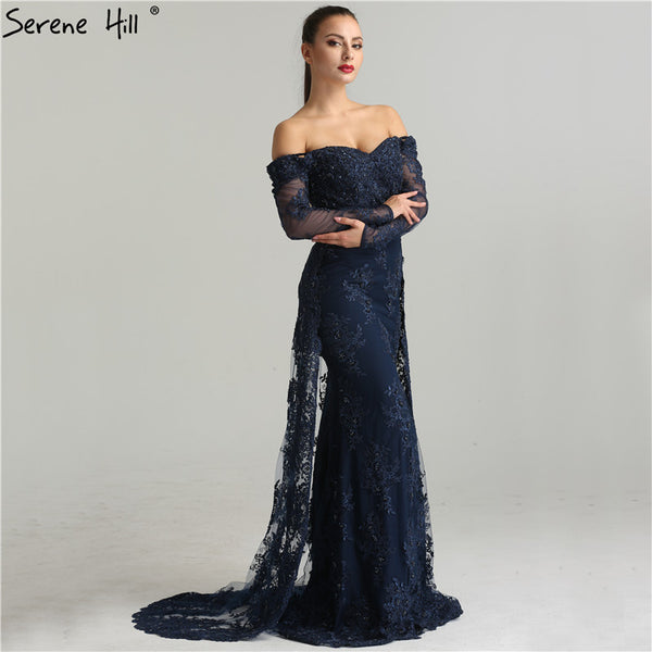 On Sale No Return No Refund  Long Sleeve Embroidery Pearls Sexy Evening Dresses 2025 Fashion Elegant Lace Mermaid Evening Gown LA6377