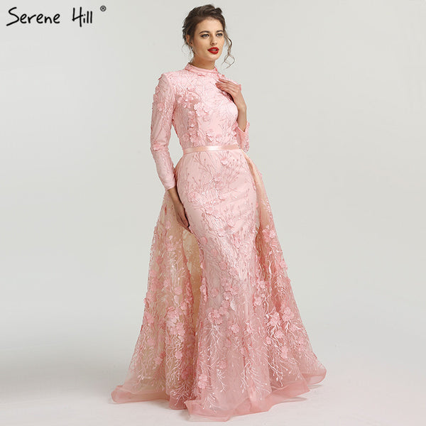 On Sale no return no refundSale High Neck Evening Dresses Romantic Pink Handmade Flowers A-Line LA6308
