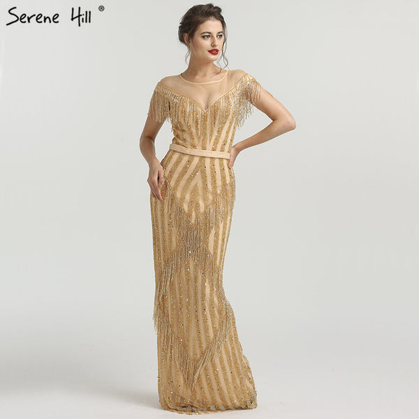 On Sale no return no refundSale Gold Luxury Sleeveless Mermaid Evening Dresses Elegant Sparkle Evening Gowns LA6543