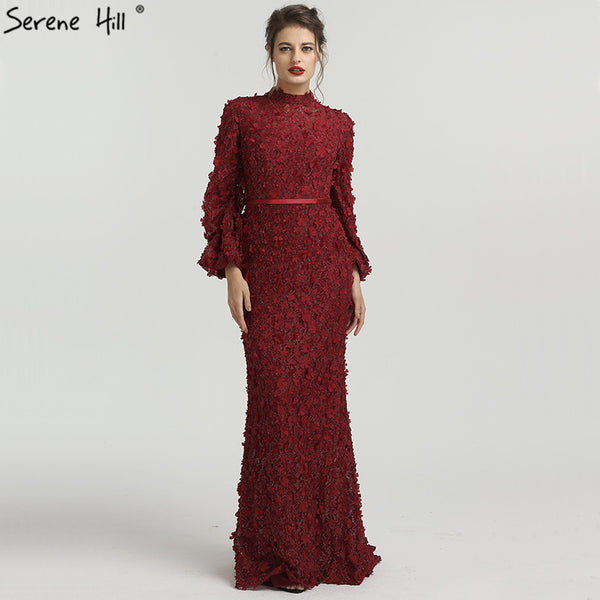 Flowers Pearls Long Sleeves Mermaid Evening Dresses Muslim Fashion Elegant Tulle Evening Gowns 2025 Serene Hill LA6293