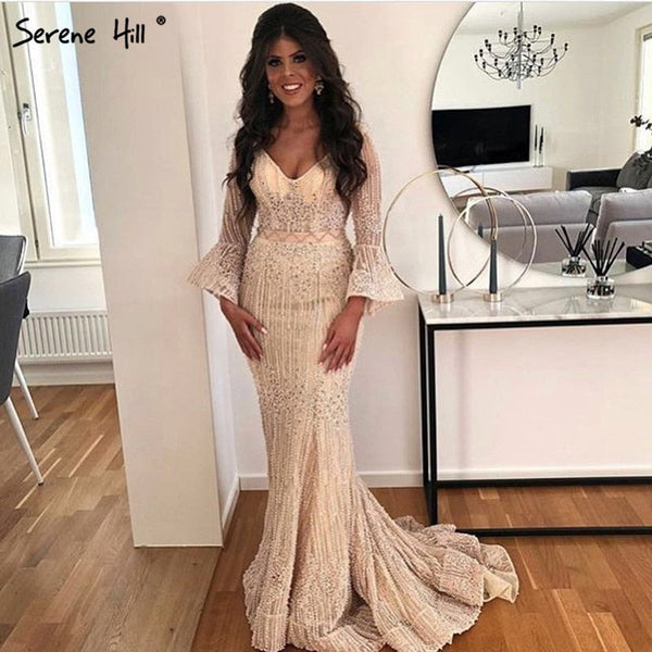 On Sale  no return no refundSale Long Sleeves Fashion Luxury Evening Dresses V-Neck Mermaid Pearls Crystal Sexy Evening Gowns   Luxury Dubai LA6489